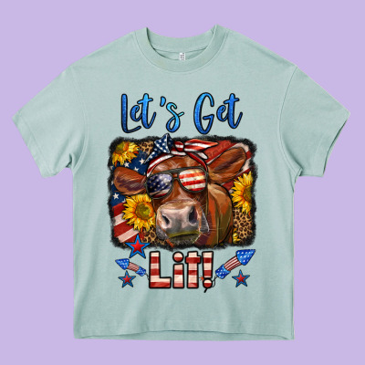 Let's Get Lit 4th Of July Cow Heavy Core Tee Designed By Lillyallendesigns