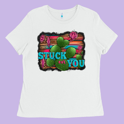 Stuck On You Heart Cactus Serape Leopard Background Ladies Tee Designed By Jasminsmagicworld