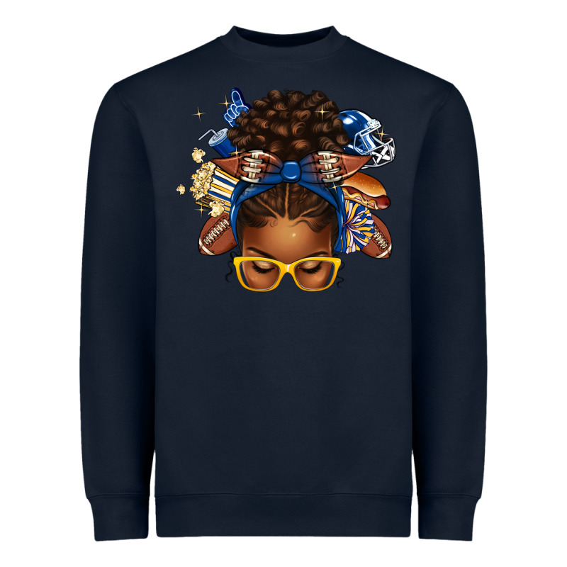 Blue And Gold American Football Afro Messy Bun Heavyweight Sweatshirt by texasbilliewilder | Teevron