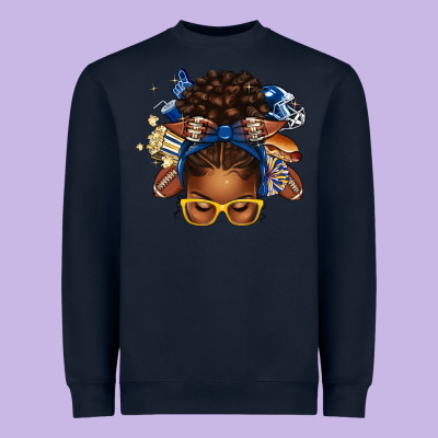 Blue And Gold American Football Afro Messy Bun Heavyweight Sweatshirt Designed By Texasbilliewilder