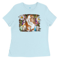 Baby Blue Easter Bunny With Quail Eggs And Daisy Ladies Tee - RanaPortraitStore