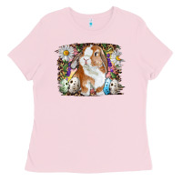 Bubblegum Pink Easter Bunny With Quail Eggs And Daisy Ladies Tee - RanaPortraitStore