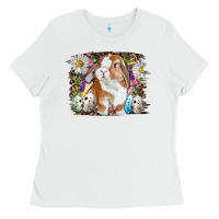 White Easter Bunny With Quail Eggs And Daisy Ladies Tee - RanaPortraitStore