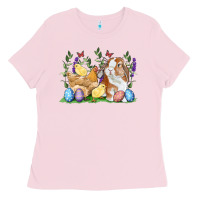 Bubblegum Pink Easter bunny and chicks with floral Ladies Tee - RanaPortraitStore