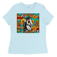 Baby Blue Aztec Sunflowers Horse Ladies Tee - LillyAllenDesigns