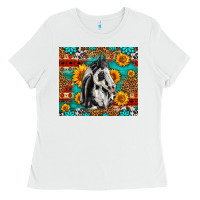 White Aztec Sunflowers Horse Ladies Tee - LillyAllenDesigns