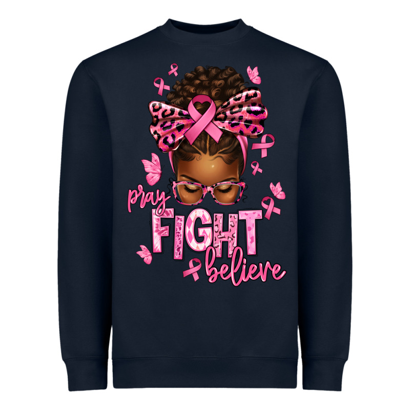 Pray Fight Believe Breast Cancer Afro Messy Heavyweight Sweatshirt by texasbilliewilder | Teevron