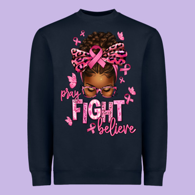 Pray Fight Believe Breast Cancer Afro Messy Heavyweight Sweatshirt Designed By Texasbilliewilder