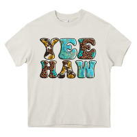 Cream western sunflowers turquoise leopard yee haw Heavy Core Tee - BarkalooDesign
