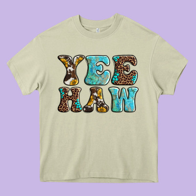 Western Sunflowers Turquoise Leopard Yee Haw Heavy Core Tee Designed By Barkaloodesign