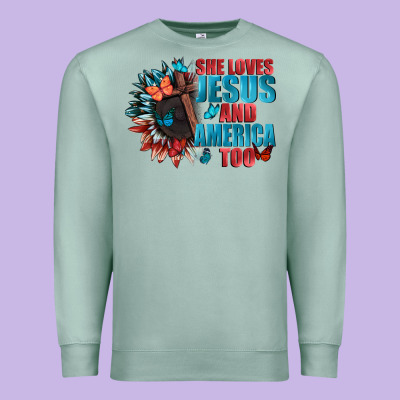 She Love Jesus And America Too Premium Sweatshirt Designed By Fadigitalartstudio
