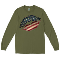 Army Green Vintage American Flag Lips Long Sleeve Tee - Bettercallsaul
