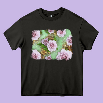Pink Roses With Leopard Background Heavy Core Tee Designed By Lillyallendesigns
