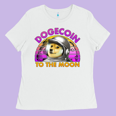 Doge Coin To The Moon 80's Retro Sunset Ladies Tee Designed By Jasminsmagicworld