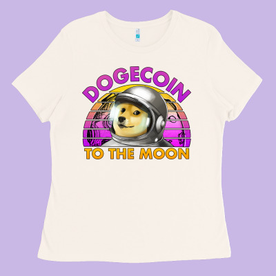 Doge Coin To The Moon 80's Retro Sunset Ladies Tee Designed By Jasminsmagicworld