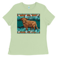 Matcha turquoises gemstones cowhide highland cow Ladies Tee - BarkalooDesign