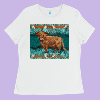 Turquoises Gemstones Cowhide Highland Cow Ladies Tee Designed By Barkaloodesign