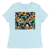 Baby Blue western leopard sunflower black and white  cow Ladies Tee - BarkalooDesign