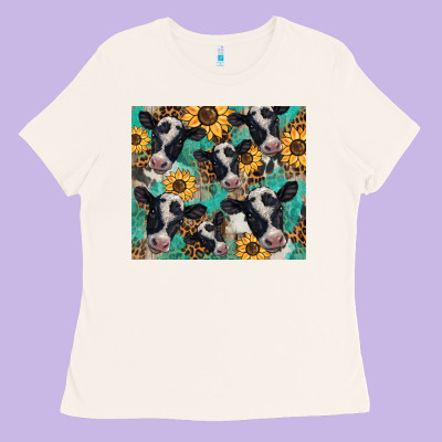 Western Leopard Sunflower Black And White  Cow Ladies Tee Designed By Barkaloodesign