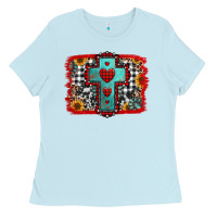 Baby Blue Christmas cross with background Ladies Tee - Jasminsmagicworld