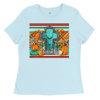 Baby Blue fall thankfull cross Ladies Tee - Jasminsmagicworld