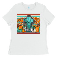 White fall thankfull cross Ladies Tee - Jasminsmagicworld