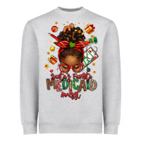 Heather Grey Santa's Favorite Medicaid Analyst Afro Messy Bun Heavyweight Sweatshirt - texasbilliewilder