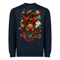 Navy Santa's Favorite Medicaid Analyst Afro Messy Bun Heavyweight Sweatshirt - texasbilliewilder