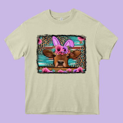 Easter Floral Leopard Cow Heavy Core Tee Designed By Jasminsmagicworld