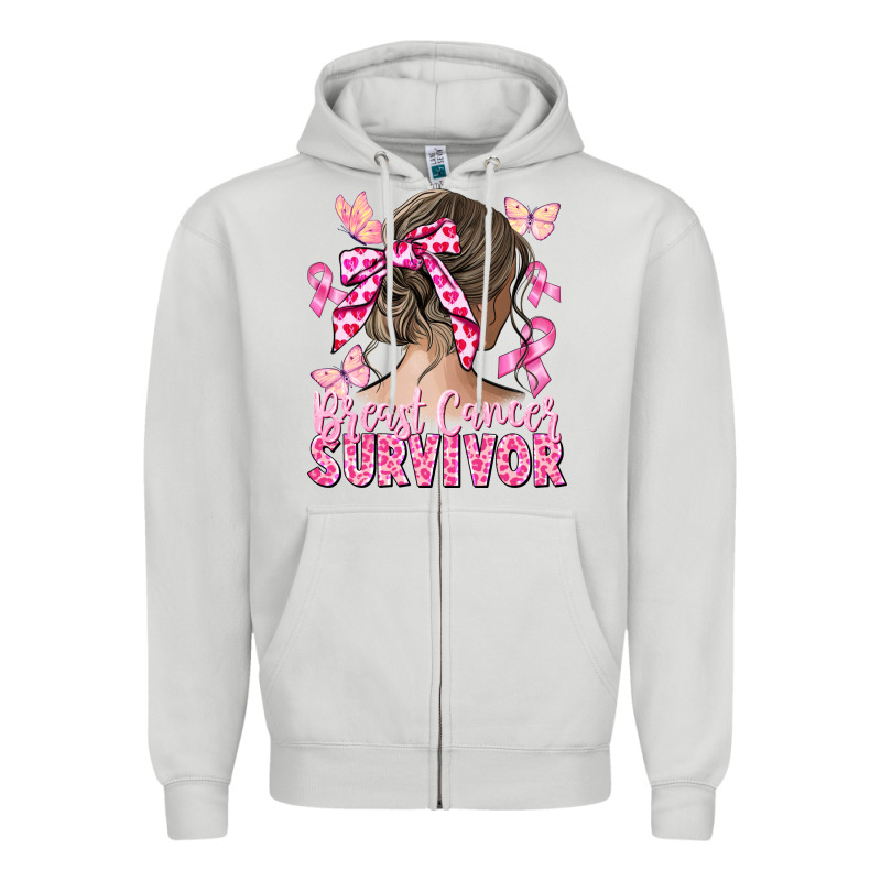 Breast Cancer Survivor Messy Bun Zipper Hoodie by CowGirlArtShop | Teevron
