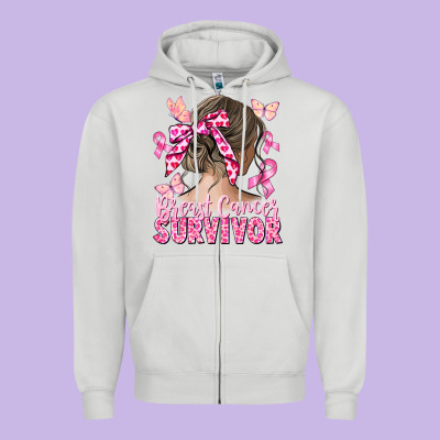 Breast Cancer Survivor Messy Bun Zipper Hoodie Designed By Cowgirlartshop