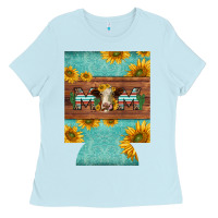 Baby Blue mom hereford cattle sunflowers on tooled leather regular can cooler Ladies Tee - BarkalooDesign