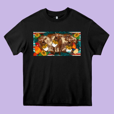 Western Cow Cockerel Chick  Serape Leopard Sunflowers License Plate Te Heavy Core Tee Designed By Barkaloodesign