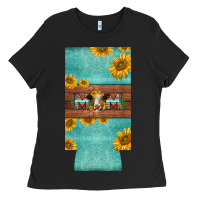 Black mom hereford cattle sunflowers on tooled leather slim can cooler Ladies Tee - BarkalooDesign
