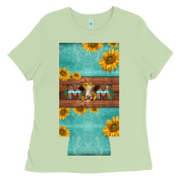 Matcha mom hereford cattle sunflowers on tooled leather slim can cooler Ladies Tee - BarkalooDesign