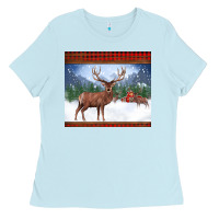 Baby Blue christmas reindeer red barn country farm christmas Ladies Tee - BarkalooDesign