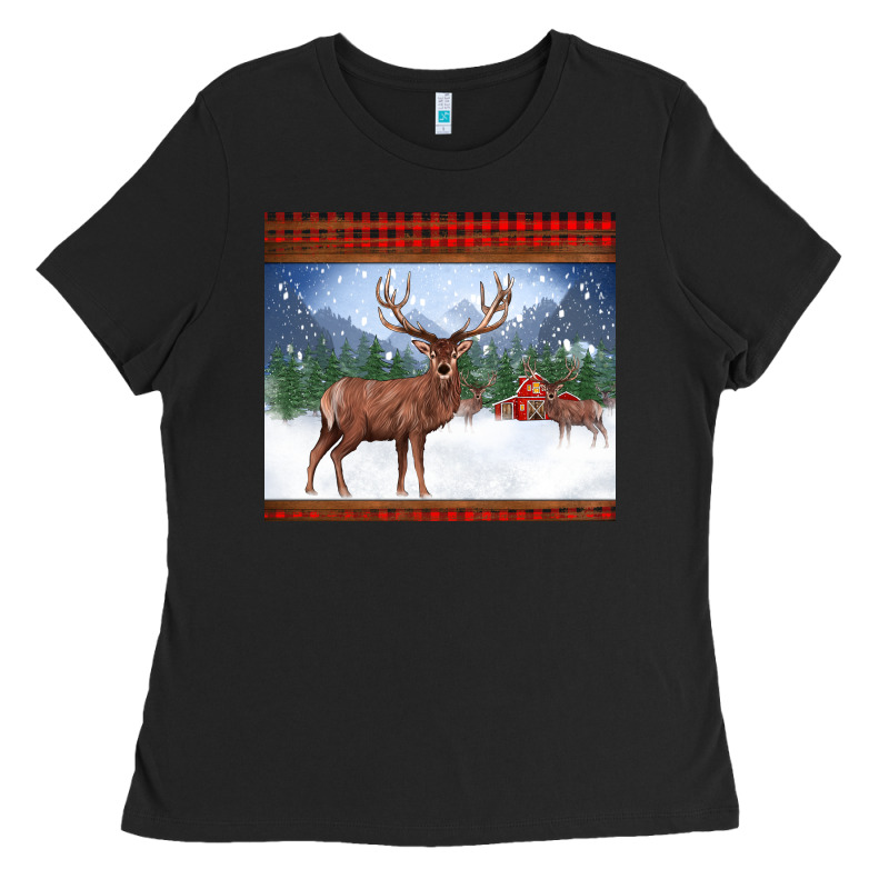 Christmas Reindeer Red Barn Country Farm Christmas Ladies Tee by BarkalooDesign | Teevron
