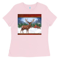 Bubblegum Pink christmas reindeer red barn country farm christmas Ladies Tee - BarkalooDesign