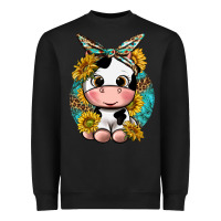 Black cute cow with sunflower and leopard Heavyweight Sweatshirt - texasbilliewilder