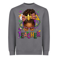Mardi Gras Teacher Afro Messy Bun Heavyweight Sweatshirt | Teevron