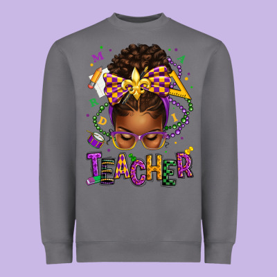 Mardi Gras Teacher Afro Messy Bun Heavyweight Sweatshirt Designed By Texasbilliewilder