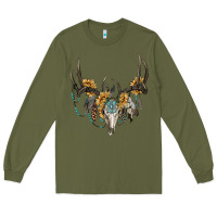 Army Green boho deer skull sunflowers and gemstone Long Sleeve Tee - RanaPortraitStore