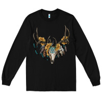 Black boho deer skull sunflowers and gemstone Long Sleeve Tee - RanaPortraitStore