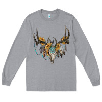Heather Grey boho deer skull sunflowers and gemstone Long Sleeve Tee - RanaPortraitStore