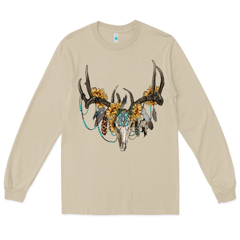 Boho Deer Skull Sunflowers And Gemstone Long Sleeve Tee by RanaPortraitStore | Teevron