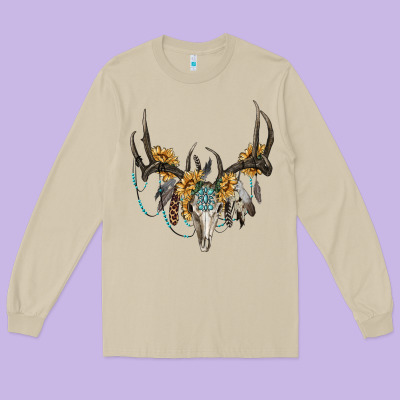 Boho Deer Skull Sunflowers And Gemstone Long Sleeve Tee Designed By Ranaportraitstore