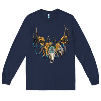Navy boho deer skull sunflowers and gemstone Long Sleeve Tee - RanaPortraitStore