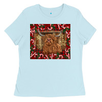 Baby Blue Christmas highland cow with candy canes Ladies Tee - BarkalooDesign