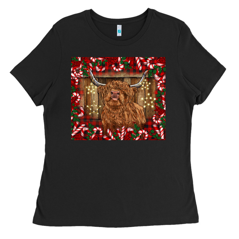Christmas Highland Cow With Candy Canes Ladies Tee by BarkalooDesign | Teevron