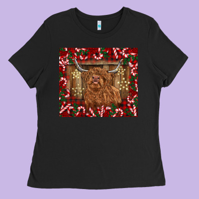 Christmas Highland Cow With Candy Canes Ladies Tee Designed By Barkaloodesign